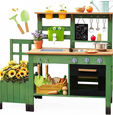 Kids green wooden mud kitchen playset with outdoor garden toys, sink, and planter box.