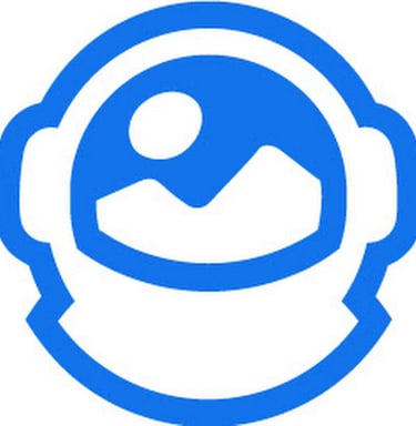 a blue and white logo with a picture of a man in a helmet