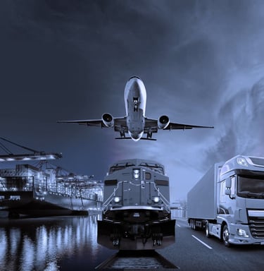 "Transportation logistics with airplane, freight train, cargo ship and delivery truck"