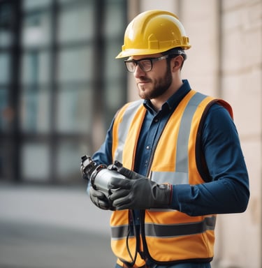 A person wearing a helmet and safety gear is standing in an industrial or construction-like setting. They are looking at a mobile device, possibly for work-related purposes. Around them are sheets or fabric drapes hanging, with cables and construction materials scattered on the concrete ground.
