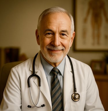 Warm portrait of an older male concierge doctor wearing a white lab coat and striped tie, seated in