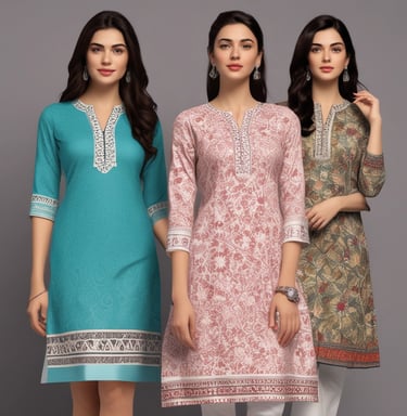 A clothing store with racks of various garments, including shirts, blouses, and pants on both sides of a central aisle. Sale signs are visible, with light tones of pastel colors and some printed patterns on the clothing.