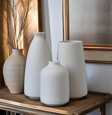 Neutral decorative vases for modern living room shelf or table styling.