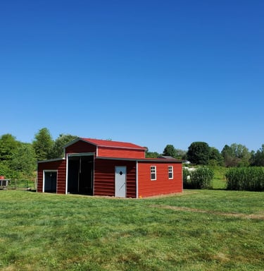 a red shed with a red roof and a red roof