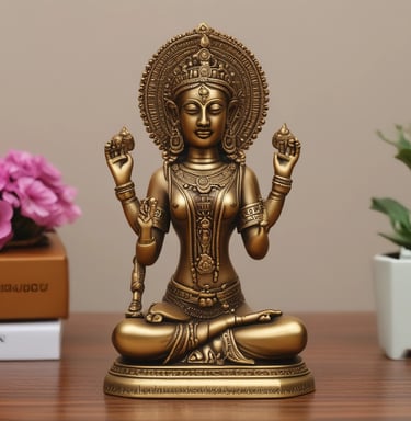 A brass decorative object featuring intricate designs and motifs, standing upright on a smooth surface. At the top of the object, there is a detailed sculpture of a deity, likely from Hindu iconography, with a halo behind it. A single deep red rose is positioned to appear as if growing from the top of the sculpture, adding contrast. The background is a wooden, textured panel.