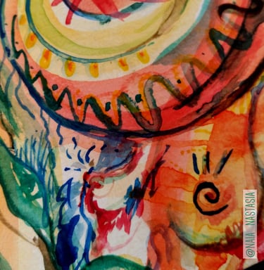 détail d'une Aquarelle aux tons orangés dans laquelle on peut distinguer un lion et un tas d'autres animaux plutôt endémiques
