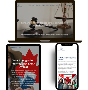 SAMA Avocat website interface for immigration and business law services in Montreal displayed on laptop and mobile devices.