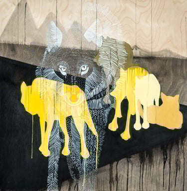 a painting of a wolf on a barren landscape