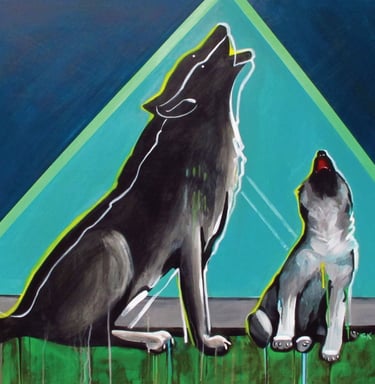 a painting of a wolf and a wolf pup singing