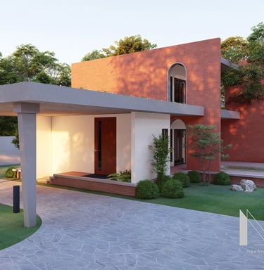 Photograph of a farmhouse under construction, designed by NexArch Studio. View of the main entrance..