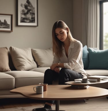 A calm woman sitting peacefully by a window, reflecting thoughtfully.