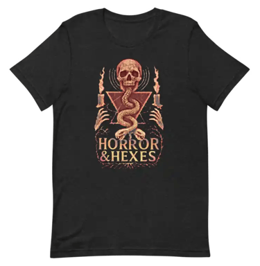 Black and white distressed illustration of an inverted triangle enclosing a skull above a coiling serpentine spine,