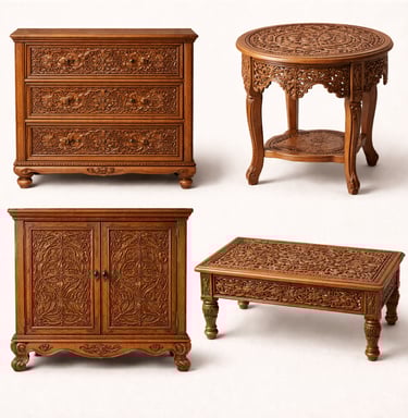 Hand carved wooden furniture set with traditional floral carvings