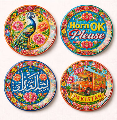 Colorful Pakistani truck art wall plates with floral designs