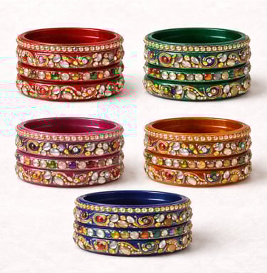 Colorful handmade lac bangles with stone and mirror embellishments.