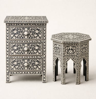 Bone inlay furniture featuring floral patterns and resin-filled craftsmanship.