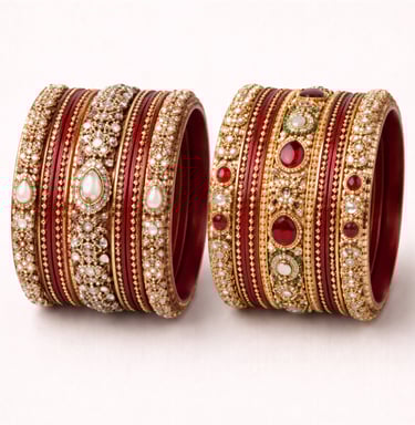 Bridal lac bangles decorated with crystals, beads, and traditional detailing.