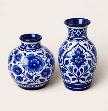Artisan hand painted blue pottery ceramic vases