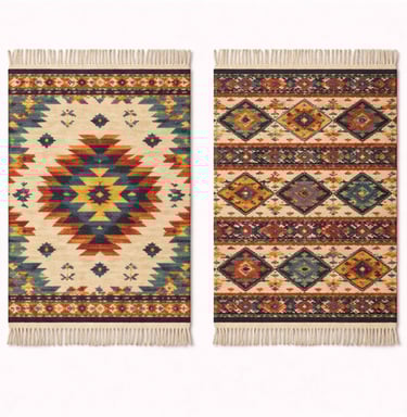 Handwoven wool rug showcasing colorful geometric patterns and artisan craftsmanship.