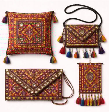 Balochi embroidery handicrafts featuring colorful threadwork and traditional tribal patterns.