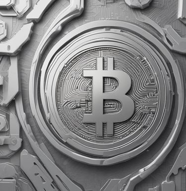A stack of shiny, gold-like cryptocurrency coins featuring the logos of Ethereum and Bitcoin. The coins have a metallic sheen, with the Ethereum coin displaying a triangular symbol and Bitcoin displaying a 'B' with two vertical lines running through it.