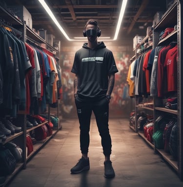 Black athletic shoes are placed alongside red and black sportswear bearing logos from Spalding and The North Face.