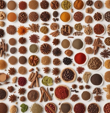 An organized display of various colorful spices and herbs in a vibrant marketplace. The spices are neatly arranged in rows, each with a distinctive color and texture, creating a visually appealing pattern. A large banner with 'Hazer Baba' is visible in the background, emphasizing a focus on quality.