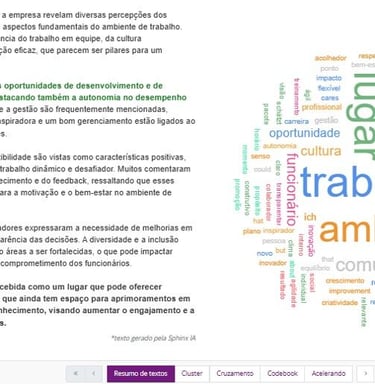 Word cloud and Portuguese text analysis showcasing corporate culture and employee feedback keywords.