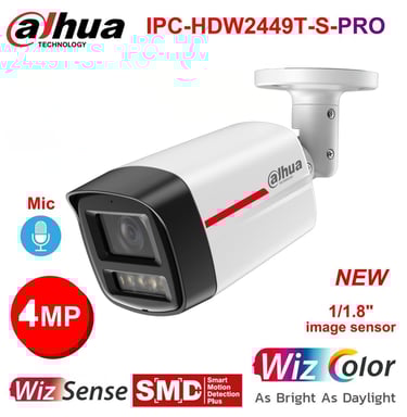 Dahua 4MP WizSense network bullet camera with smart motion detection and built-in microphone.