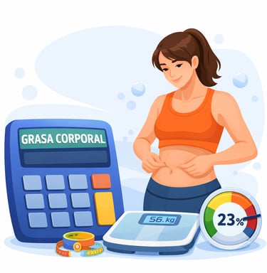 mujer midiendo su grasa corporal con calculadora, báscula y cinta métrica para conocer su porcentaje