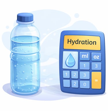 Ilustración de calculadora de hidratación con botella de agua para calcular cuánta agua beber al día