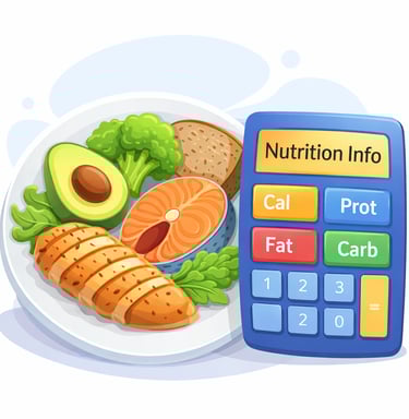 Ilustración de calculadora de valores nutricionales con alimentos saludables mostrando calorías, pro