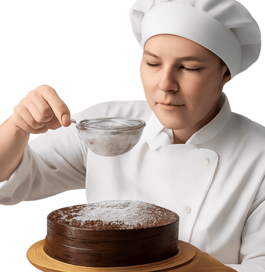 Circular photograph showing a pastry chef dusting a chocolate cake with powdered sugar.