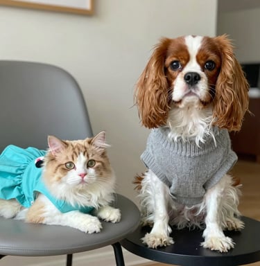 Una gata de pelo largo con un vestido azul y un Cavalier King Charles con un suéter gris juntos