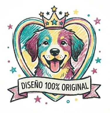 Dibujo a color hecho con crayones de un cachorro de golden retriever que lleva una corona