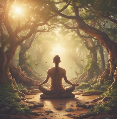 A peaceful outdoor retreat setting with people meditating in nature.