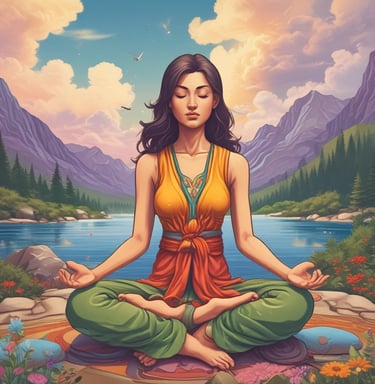 A peaceful outdoor retreat setting with people meditating in nature.