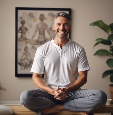 A peaceful outdoor retreat setting with people meditating in nature.