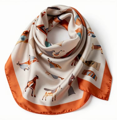 A neatly folded collection of colorful square scarves displayed on a wooden table with soft natural light.