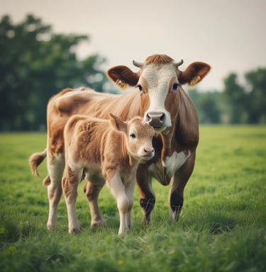 A happy cow grazing peacefully in a sunlit organic farm, symbolizing care and ethical farming.