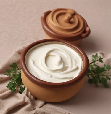 A traditional clay pot brimming with thick, homemade curd, set against a cozy kitchen setting.