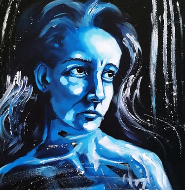 A monochromatic blue acrylic painting of a woman with a melancholic expression on a black background.