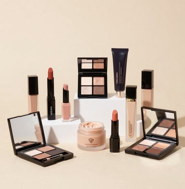 Cosmetics display featuring rich magenta lipsticks and subtle pearl-toned eyeshadows with elegant packaging.