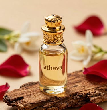 Close-up of a sleek, gold-capped attar bottle resting on a white marble surface with soft natural light highlighting its elegance.