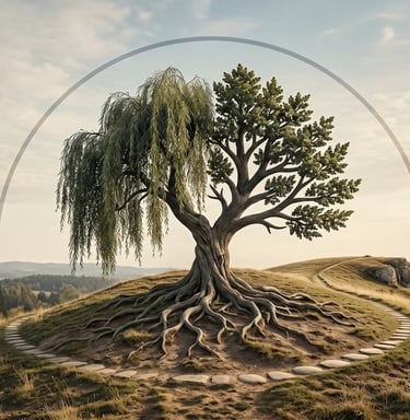 Surreal landscape featuring a dual-species tree inside a stone circle on a grassy hill.