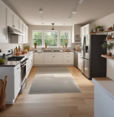 A cozy kitchen scene with modern appliances and neatly arranged utensils.