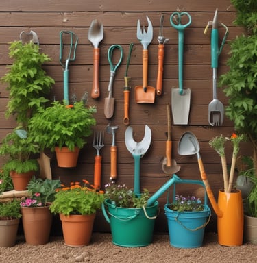 A vibrant garden with blooming flowers and gardening tools.