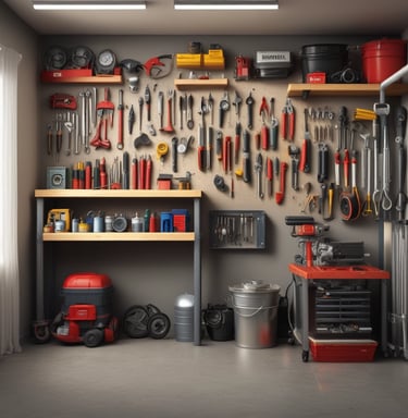 A set of sturdy hand tools arranged on a wooden workbench.