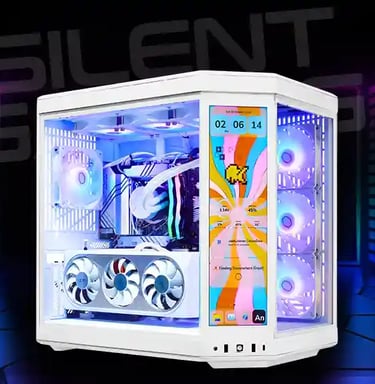 Custom white gaming PC build featuring RGB fans and a built-in LCD screen monitor for hardware monitoring.