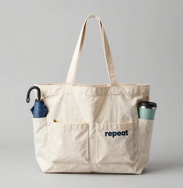 Black tote bags with minimalist prints, displayed hanging on hooks in a cozy setting.